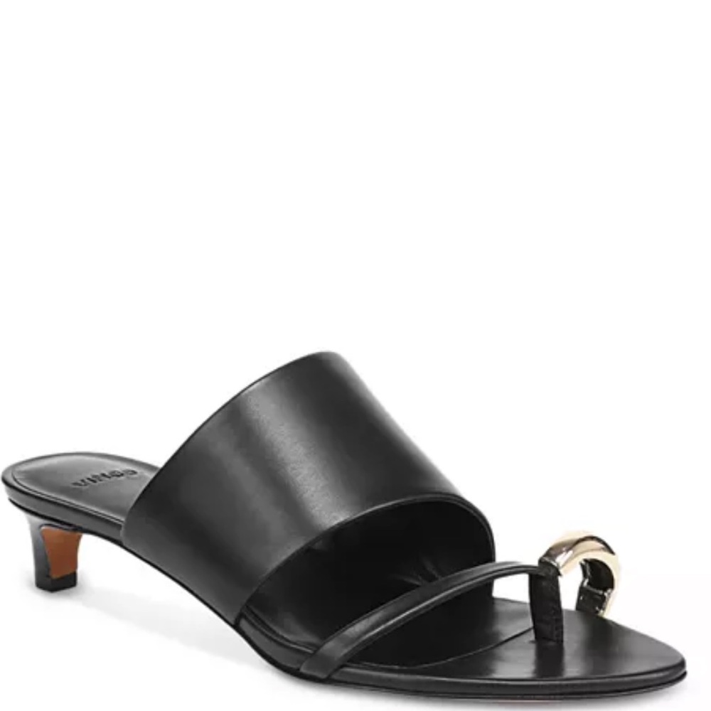Vince Suzie Almond Toe Kitten Heel Sandals Mule Black Leather 38.5 - Picture 2 of 11